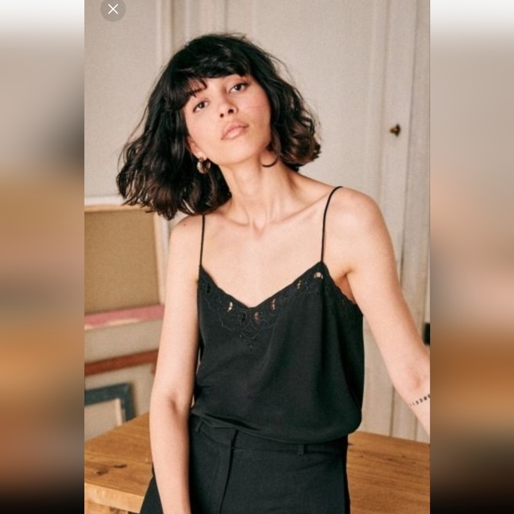 Sezane Black Lace Trim Cami Top